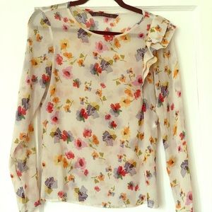 Zara Floral Blouse w/ Shoulder Ruffle